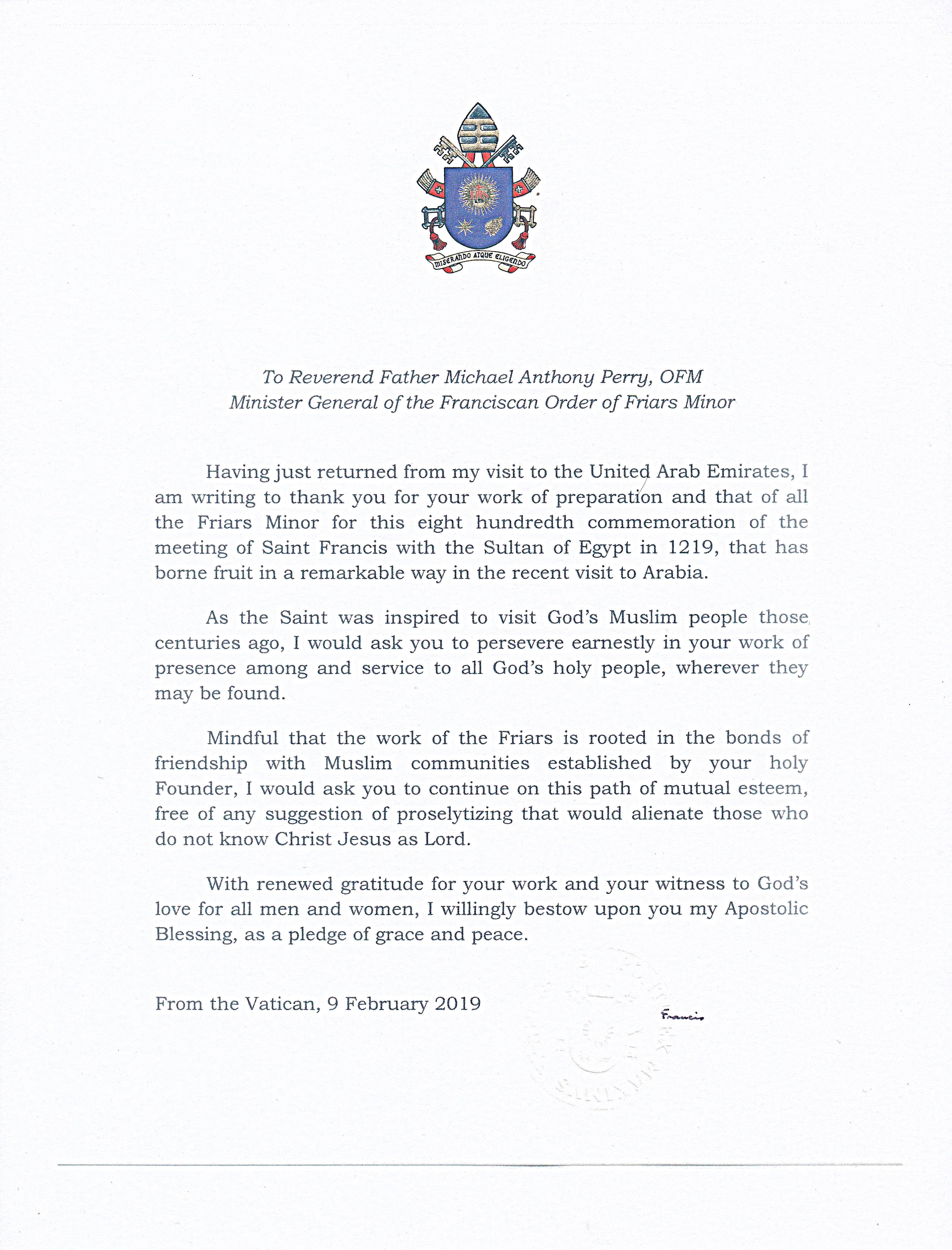 Letter from Pope Francis to OFM Minister General 2019