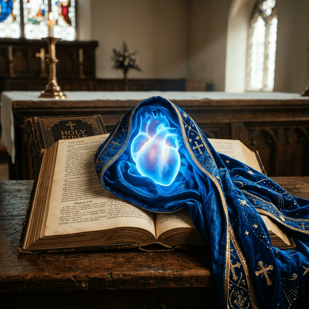 Glowing symbolic heart on open Bible with blue embroidered cloth